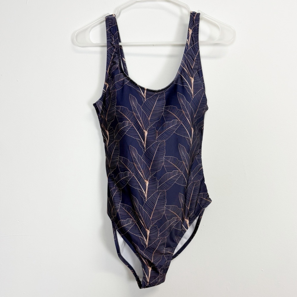 Nicole Miller Studio One Piece Swimsuit Women Medium Blue Leaf Bathingsuit NWT